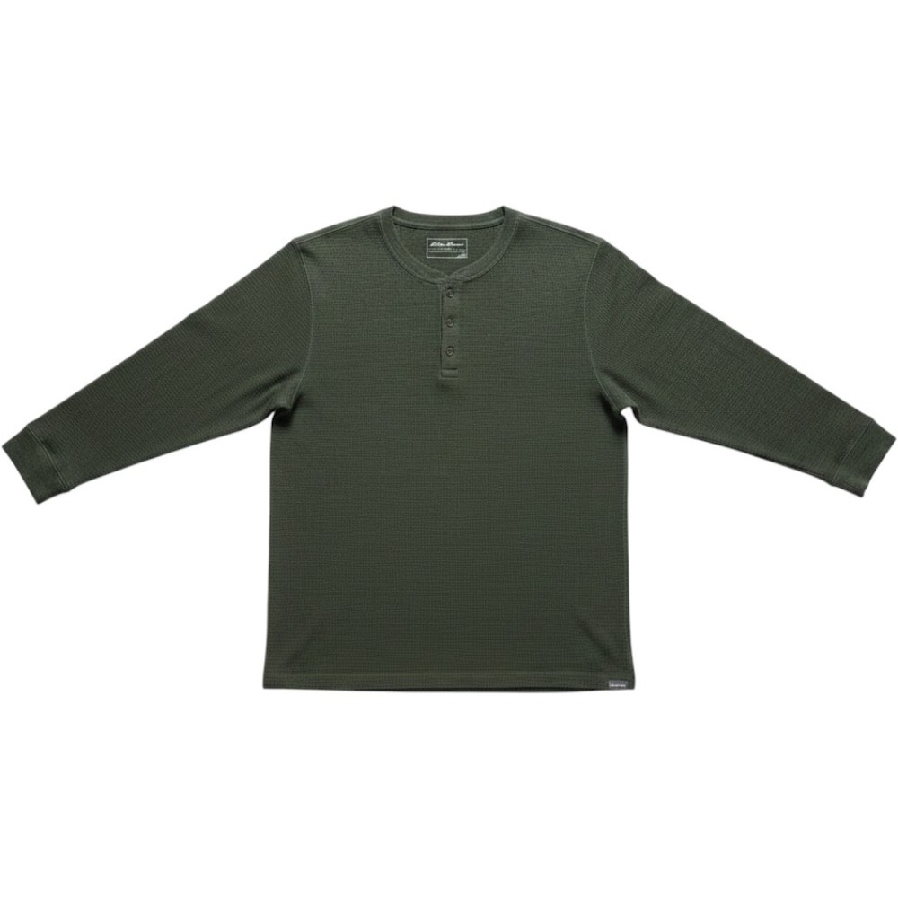 Eddie Bauer Mens Large Olive Green Waffle Knit Thermal Henley Long Sleeve Shirt